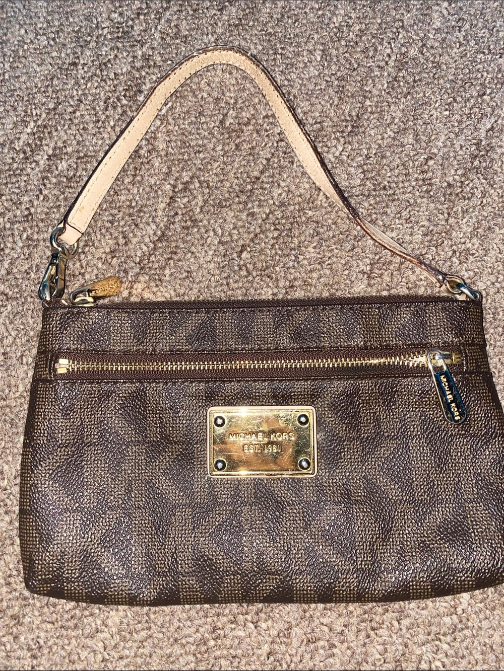 Michael Kors Brown Logo Zip Wristlet with Cream Strap